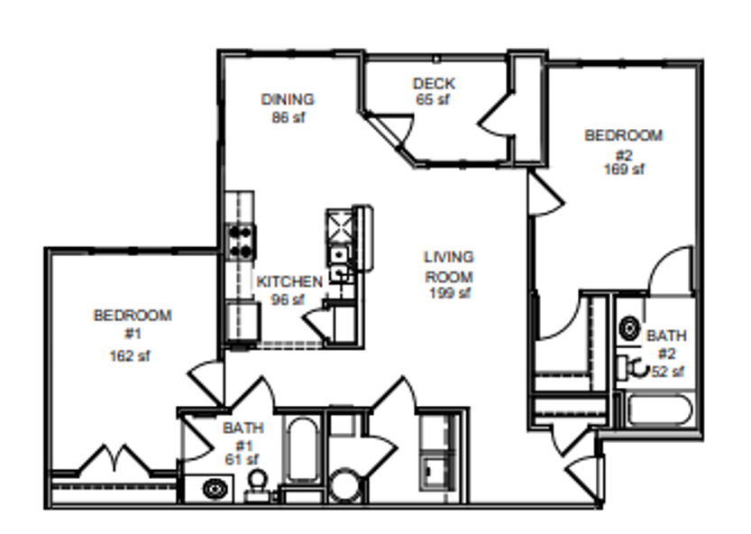 Floor plan for 2 beds, 2 baths, 1088 sqft
